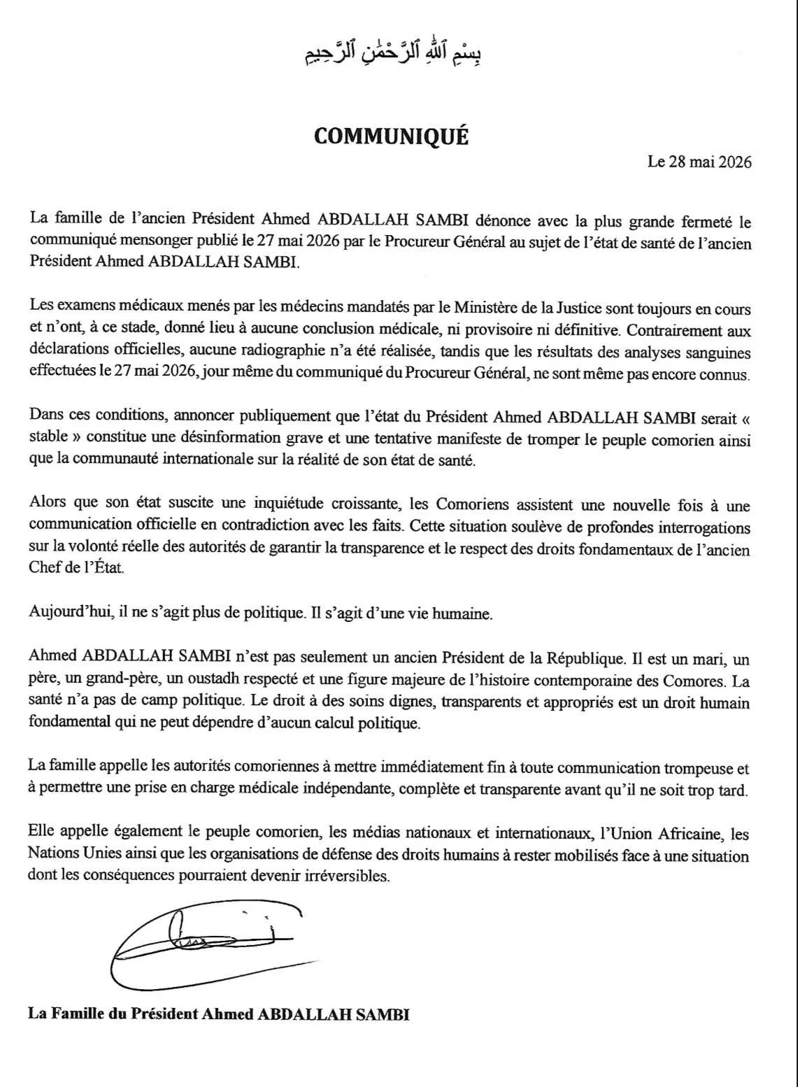 La Famille du Président Ahmed ABDALLAH SAMBI — La famille d'Ahmed Abdallah Sambi dénonce une désinformation sur son état de santé